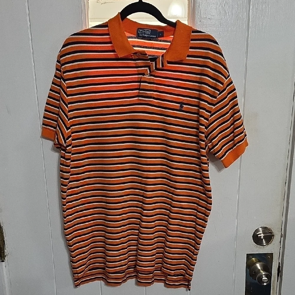 Polo by Ralph Lauren Mens Orange/Navy Striped Polo Shirt Collar Buttons Sz L GUC